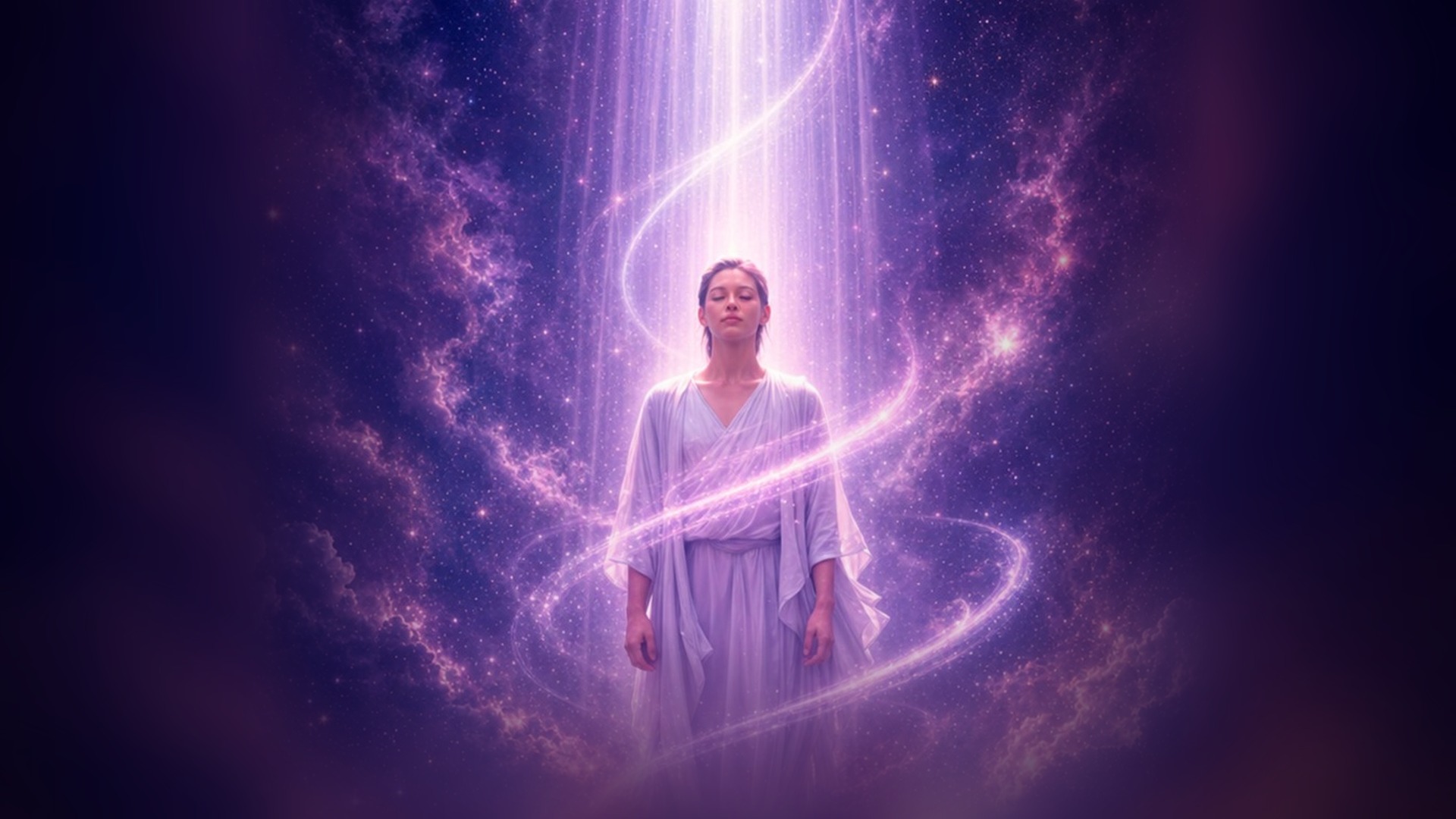 Mulher em meditação dentro de um portal cósmico de luz violeta